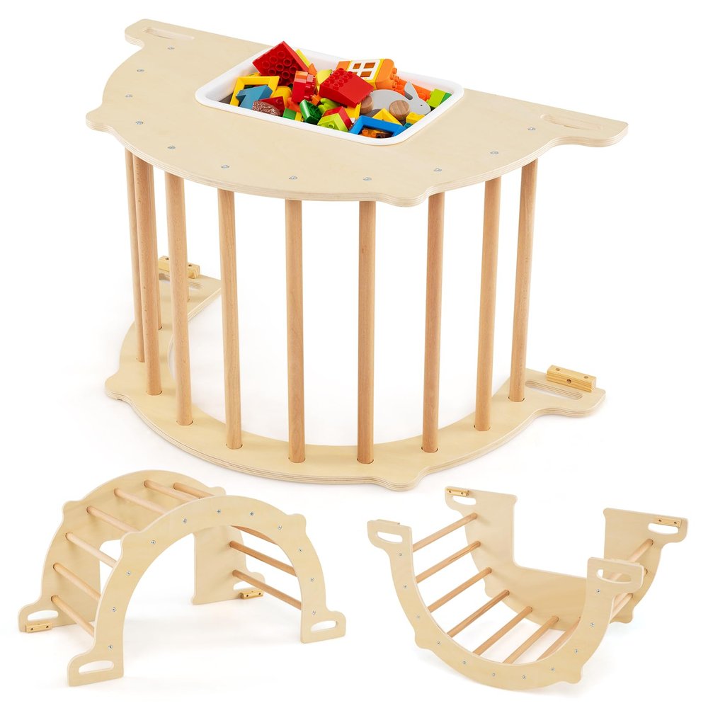 Costzon Wooden Arch Sensory Table for Kids, 8 in 1 Montessori Climbing Gym with Collapsible Storage Bin, Wooden Rocker Toy Learning Playset for Children 3+ Years Old Gifts (Large)