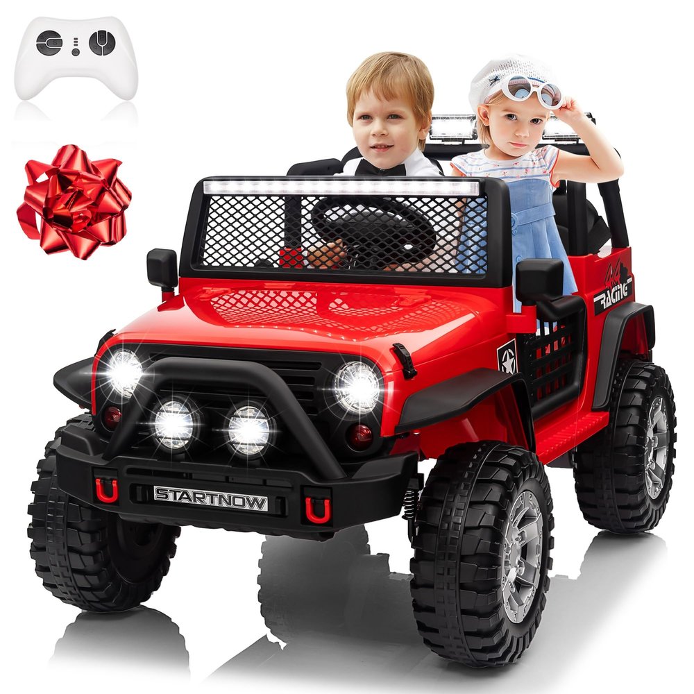 MOEYURO 24V 4WD 2 Seater Ride on Car Power 4 Wheels w/4X200W Motor, Remote Control, 3 Speeds, Bluetooth Music, Spring Suspension, Electric Car for Big Kids Boys Girls, 24 Volt Truck, Red