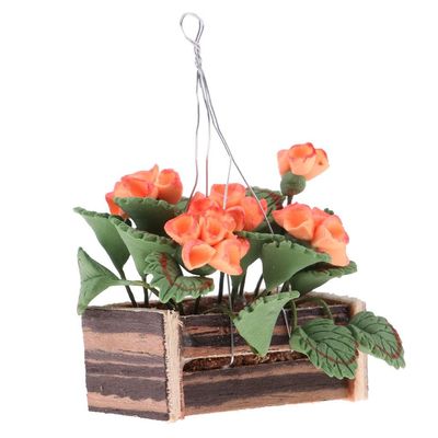 1/12 Scale Clay Hanging Flower Basket Kit for Dollhouse Garden Accessory with Realistic Plants and Wood Basket