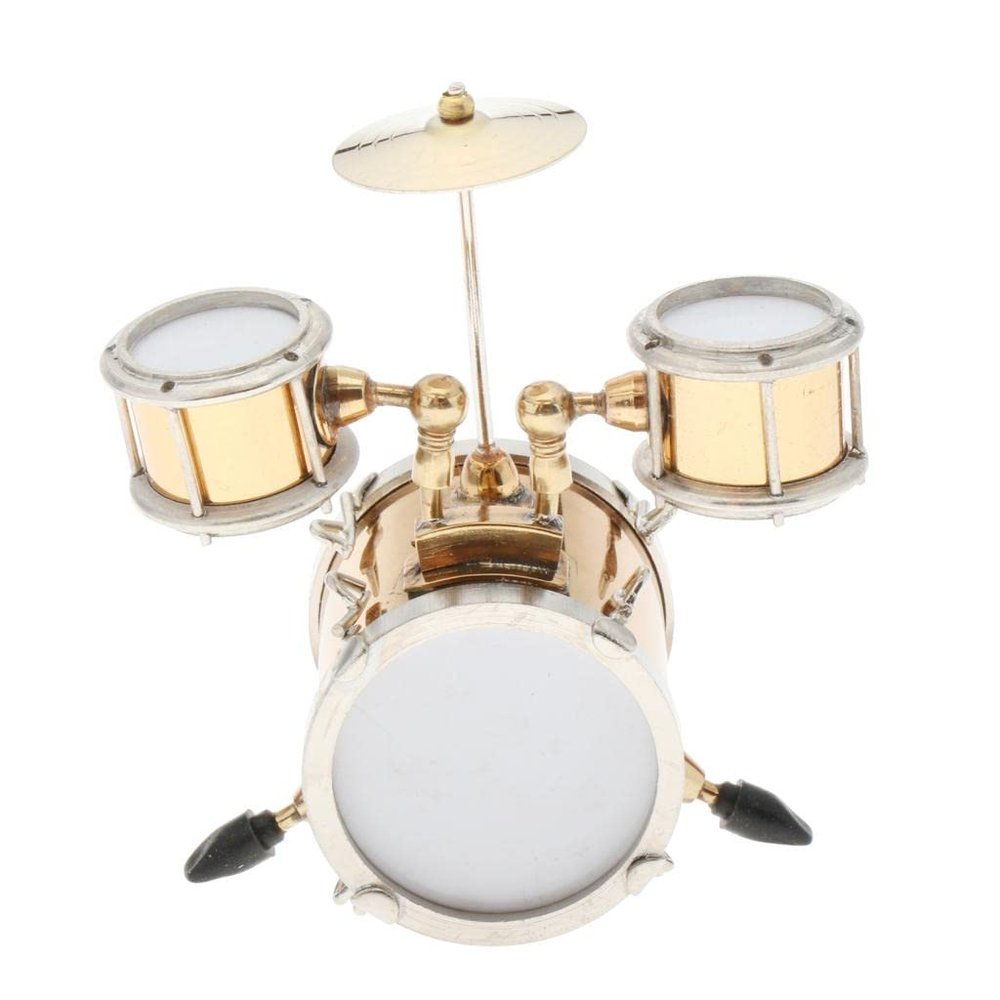 1:12 Scale Miniature Copper Drum Set Model Metal Musical Instrument Collectible for Dollhouse Desk Ornament Party Decoration