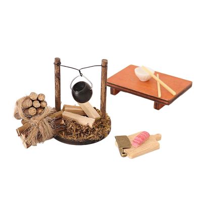 1:12 Scale Dollhouse Camping Set Miniature Camping Accessories with Wooden Stump Hanging Pot Matches Bowl Cutter Chopping Board
