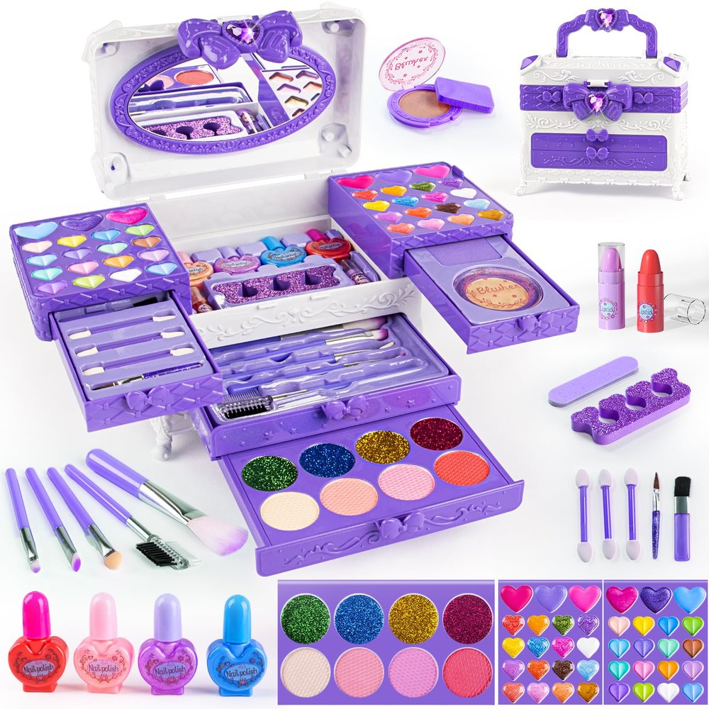 GORISPI Kids Makeup Sets for Girls, 66pcs Real Cosmetic for Kids Toys with Mirror, Princess Washable Girls Makeup Kit, Non-Toxic & Safe Brithday Gifts for 3 4 5 6 7 8 10 - 12 Years OldLight Purple