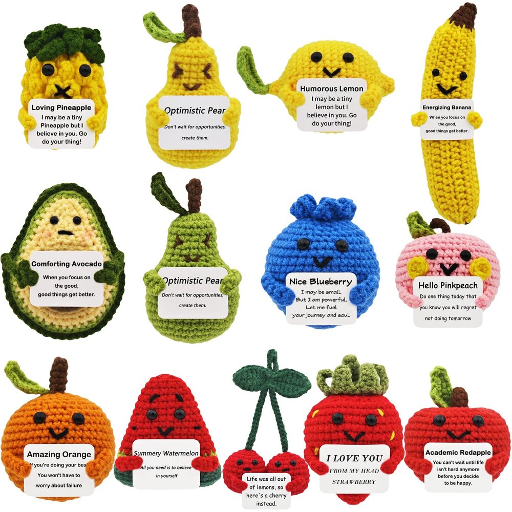 13Pcs Positive Crochet Fruits Strawberry Avocado Doll - Valentines Birthday Bulk Gifts Cheer Up for Women, Girls, Mom, Girlfriend Handmade Desk Home Decor Inspirational Support Coworker Teen