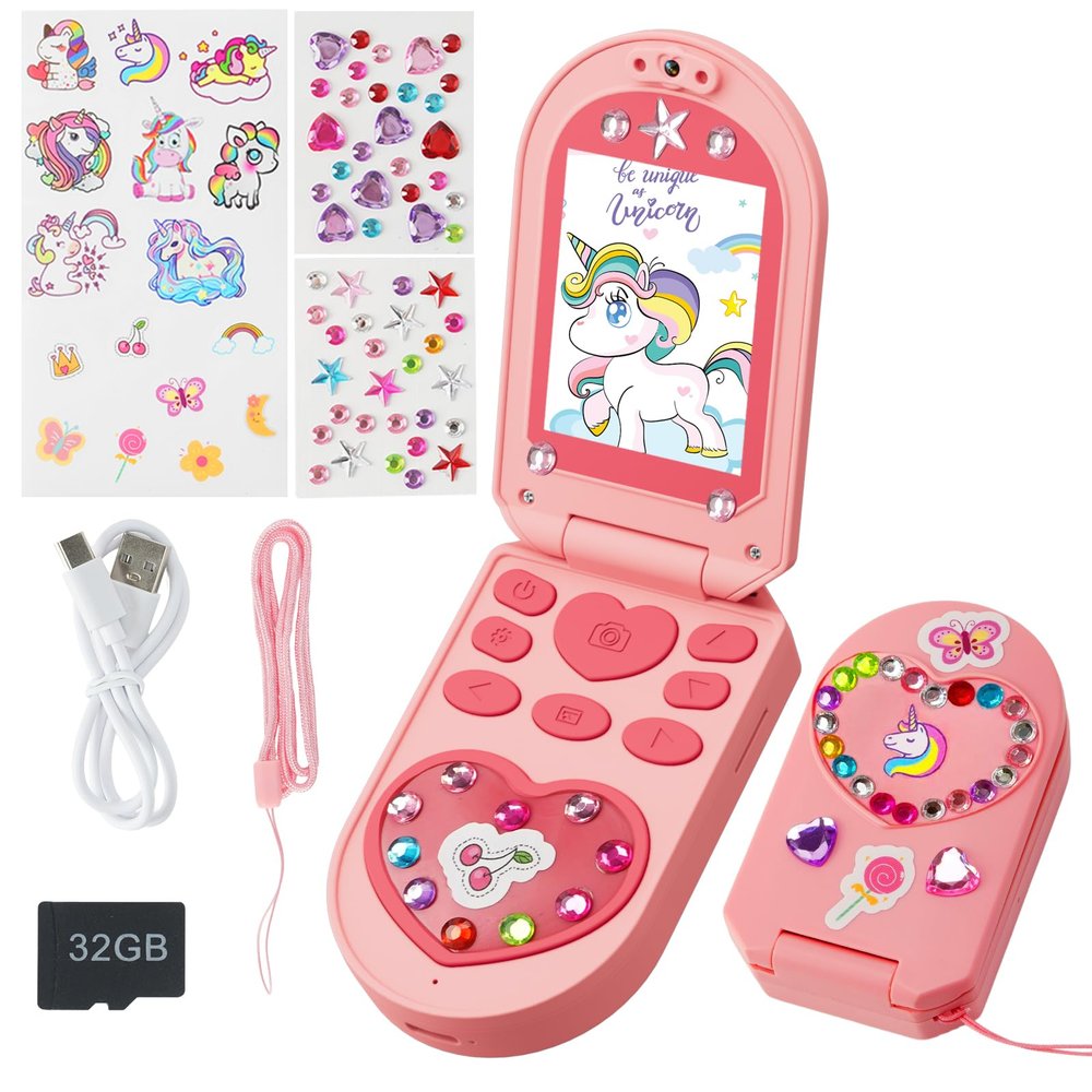 Kids Camera, 3-7 Years Old Girls Gifts, 2.0-inch Flip Phone Digital Camera with 32GB SD Card, DIY Stickers, 1080P Video, Games, Music Player, Christmas Birthday Toys Presents for Girls (Pink)