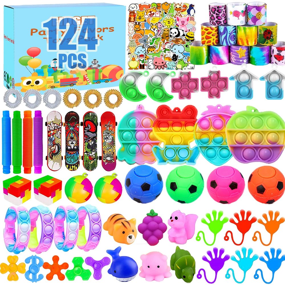 124 Pack Fidget Toys for Kids, Stress Relief Sensory Toy with Autism Autistic, Treasure Box Toys for Classroom, Prizes for Kids, Party Favors, Pinata Stuffers, Stocking Stuffers