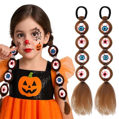 Halloween Hair Accessories, 2 Pcs Eyeball Braided Hair Extensions, Spooky Synthetic Tie-On Braids for Girls & Women, Fun Trick-or-Treat Cosplay Party Decorations