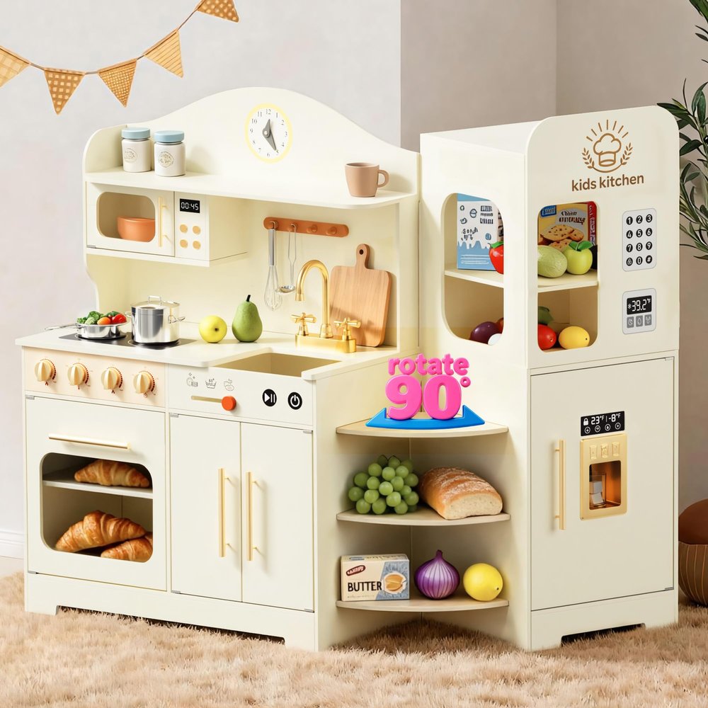 Play Kitchen for Kids with Rotating Design, Wooden Kids Kitchen Playset with Ice Maker, Toy Kitchen Set for Toddlers Girls Boys with Sink, Stove, Oven, Fridge, Microwave, Moonlight White