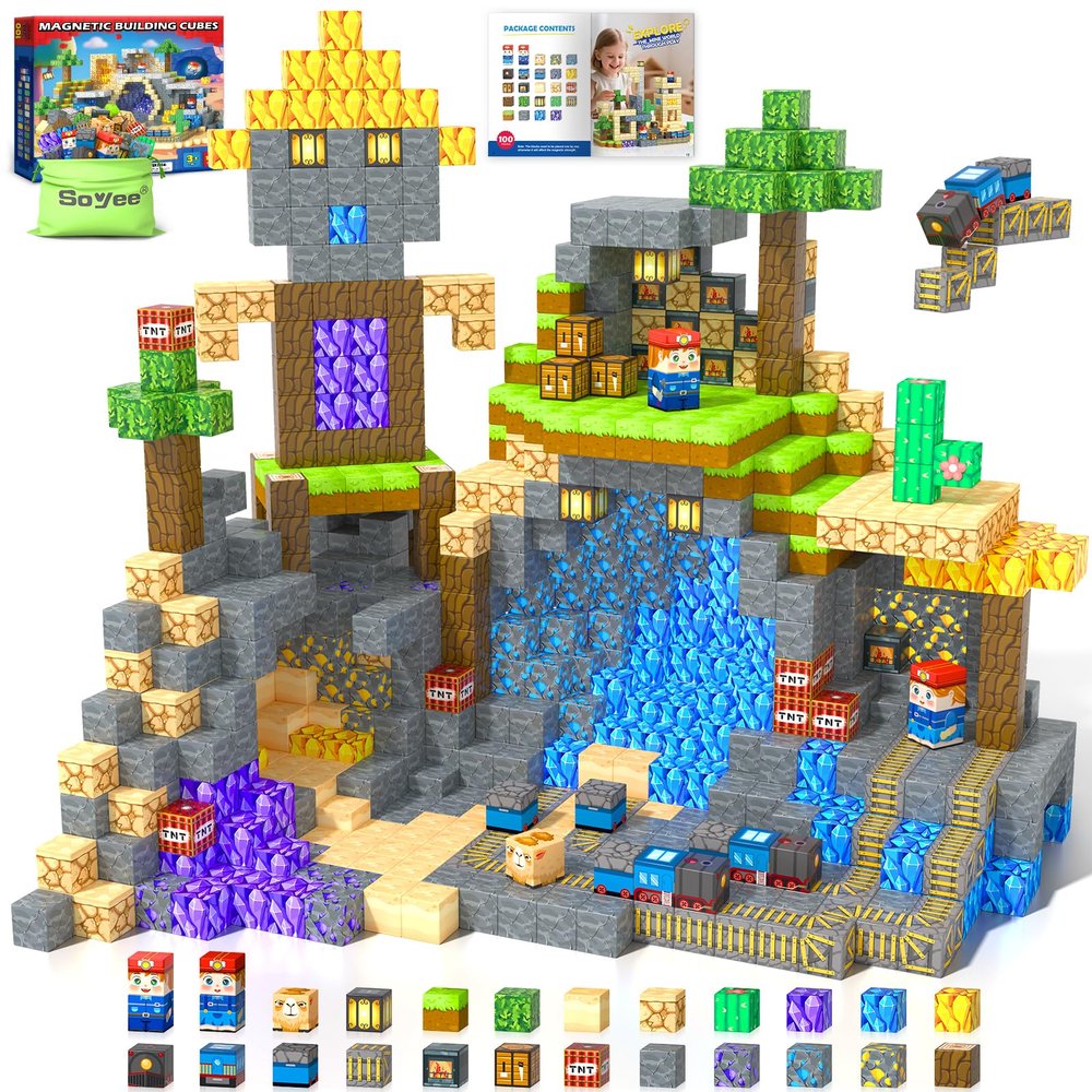100PCS Magnetic Blocks: Build Mine Magnet World Set Magntic Toys for 4-8 STEM Building Cubes Magnetic Tiles Sensory Educational Toys for 3+ Years Old Boys Girls Birthday Christmas Gifts