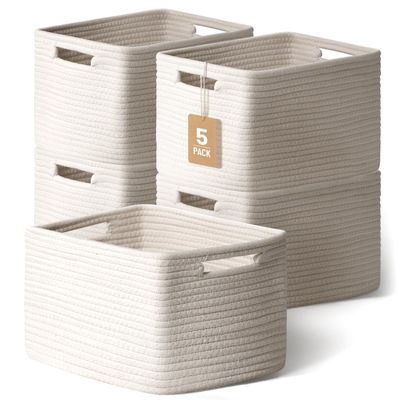 5 Pack White Woven Storage Baskets for Shelves, Decorative Basket Organizer Storage Bins for Toys, Books, Clothes, Closet, Nursery, Bathroom Cotton Rope Shelf Baskets for Organizing and Decor