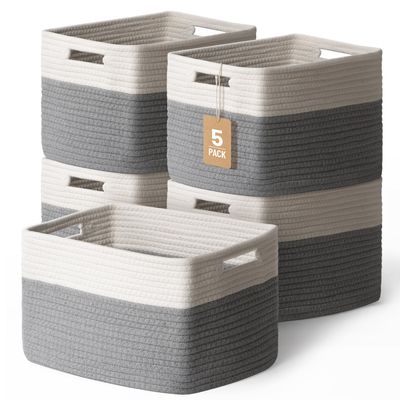 5 Pack Woven Storage Baskets for Shelves, Decorative Basket Closet Organizer Storage Bins for Clothes, Books, Pantry, Bathroom  Cotton Rope Shelf Baskets for Organizing and Decor, Gray & White