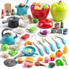 100Pcs Kitchen Playset, Kids Pretend Cooking Play Pots, Pans, Utensils, Cookware, Toy Food Fruits Veggies, with 2 Large Apple - Shaped Storage, Toddler Cooking Learning Gift (Turquoise) view 1