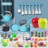 100Pcs Kitchen Playset, Kids Pretend Cooking Play Pots, Pans, Utensils, Cookware, Toy Food Fruits Veggies, with 2 Large Apple - Shaped Storage, Toddler Cooking Learning Gift (Turquoise) view 2