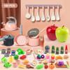 100Pcs Kitchen Playset, Kids Pretend Cooking Play Pots, Pans, Utensils, Cookware, Toy Food Fruits Veggies, with 2 Large Apple - Shaped Storage, Toddler Cooking Learning Gift(Pink) view 2