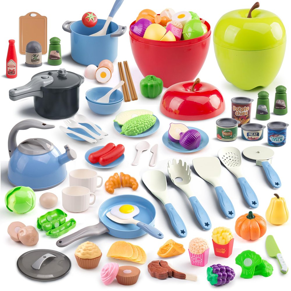 100Pcs Kitchen Playset, Kids Pretend Cooking Play Pots, Pans, Utensils, Cookware, Toy Food Fruits Veggies, with 2 Large Apple - Shaped Storage, Toddler Cooking Learning Gift (Blue