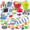 100Pcs Kitchen Playset, Kids Pretend Cooking Play Pots, Pans, Utensils, Cookware, Toy Food Fruits Veggies, with 2 Large Apple - Shaped Storage, Toddler Cooking Learning Gift (Blue view 1