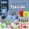 100Pcs Kitchen Playset, Kids Pretend Cooking Play Pots, Pans, Utensils, Cookware, Toy Food Fruits Veggies, with 2 Large Apple - Shaped Storage, Toddler Cooking Learning Gift (Blue view 2