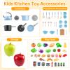 100Pcs Kitchen Playset, Kids Pretend Cooking Play Pots, Pans, Utensils, Cookware, Toy Food Fruits Veggies, with 2 Large Apple - Shaped Storage, Toddler Cooking Learning Gift (Blue view 3