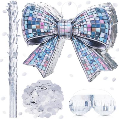 Arrowbash Disco Shiny Bow Piata Set 15 Inch Glossy Sparkling Bow Piata with Bat Blindfold and Confetti for Birthday Wedding Decorations Holiday Disco Party Supplies