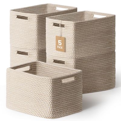 5 Pack Woven Storage Baskets for Shelves, Decorative Basket Organizer Storage Bins for Toys, Books, Clothes, Closet, Nursery, Bathroom Cotton Rope Shelf Baskets for Organizing and Decor, Khaki
