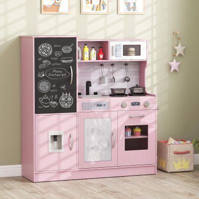 Costzon Kids Kitchen Playset, Large Wooden Chef Cooking Toy Set w/Real Sounds & Lights, Microwave, Blackboard, Oven, Ice Maker, Dishwasher, Play Phone, Utensils, Play Kitchen for Kids Ages 3+ (Pink)
