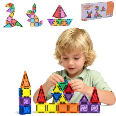 26PCS Mini Magnetic Tiles Building Blocks Set with Portable Iron Case, STEM Travel Toys for Kids Ages 3+, Educational Magnet Construction Puzzles for Boys and Girls,Toddler Puzzle Birthday Gift Toys