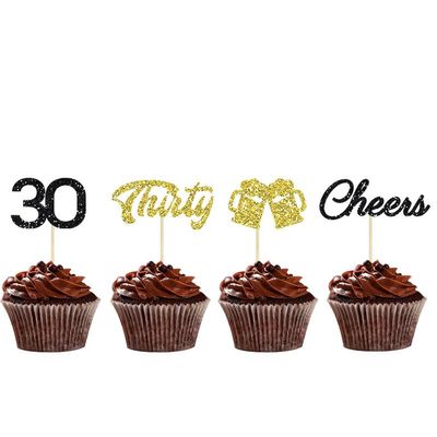24 Pcs Cheers and Beers to 30 Years Cupcake Toppers Gold Glitter Beer Mug 30th Birthday 30 & Fabulous Thirty Anniversary Party Cake Decorations Supplies