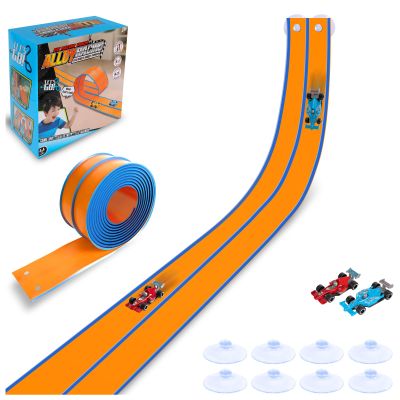 Flexible Race Track for Kids - 15Ft Flex Race Car Track| Rolls Up Portable DIY Racetrack Compatible with Hot Wheels & Diecast 1/64th Cars | Christmas Birthday Gifts for Boys Girls Ages 3+ (Orange)