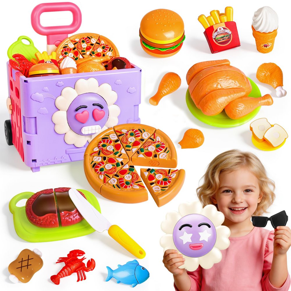 45PCS 3-in -1 Toddler Girl Toy Shopping Carts for Kids Pretend Play Food Toys - Cutting Fast Toy Food Set for Montessori Preschool Learning for Boys&Girls Ages 2 3 4 5 6+ Birthday Gifts