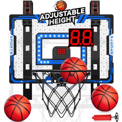 Indoor Basketball Hoop for Kids, Adjustable Height Basketball Hoop Over The Door with LED Light/Scoreboard/3 Balls, Mini Basketball Hoop Valentines Birthday Gifts for Boys Ages 4 5 6 7 8 9 10 11 12+