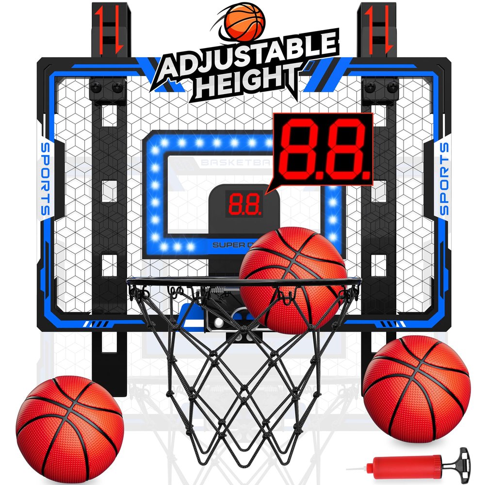 Indoor Basketball Hoop for Kids, Adjustable Height Basketball Hoop Over The Door with LED Light/Scoreboard/3 Balls, Mini Basketball Hoop Valentines Birthday Gifts for Boys Ages 4 5 6 7 8 9 10 11 12+