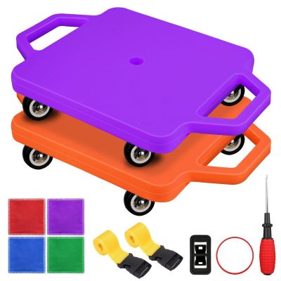 2 Pcs Sports Scooter Board with HandlesSitting Scooter Board for Kids Children Gym Indoor Outdoor ActivitiesEquipped with Various Skateboard Accessories (Orange,Purple)