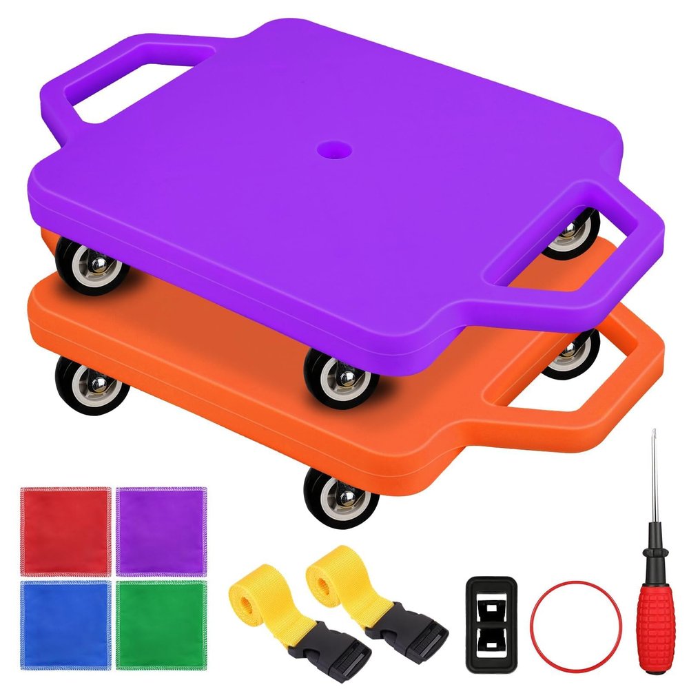 2 Pcs Sports Scooter Board with HandlesSitting Scooter Board for Kids Children Gym Indoor Outdoor ActivitiesEquipped with Various Skateboard Accessories (Orange,Purple)