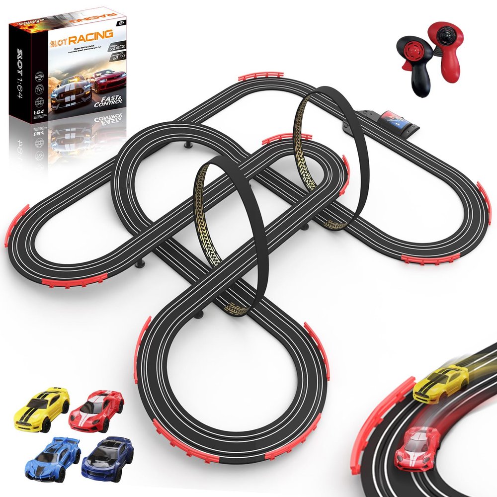 Slot Car Race Track 32Ft Electric Powered Racing Tracks Sets for Boys and Kids,Dual Racing with 4 High Speed Cars and 2 Hand Controllers, Gift Toys for Children 6,7,8 Years Old