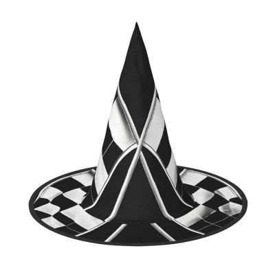 JEKYDOSD Black White Formula Checkered Flags Pattern Print Halloween Hat Spooky Party Accessory, Carnivals Masquerade Balls