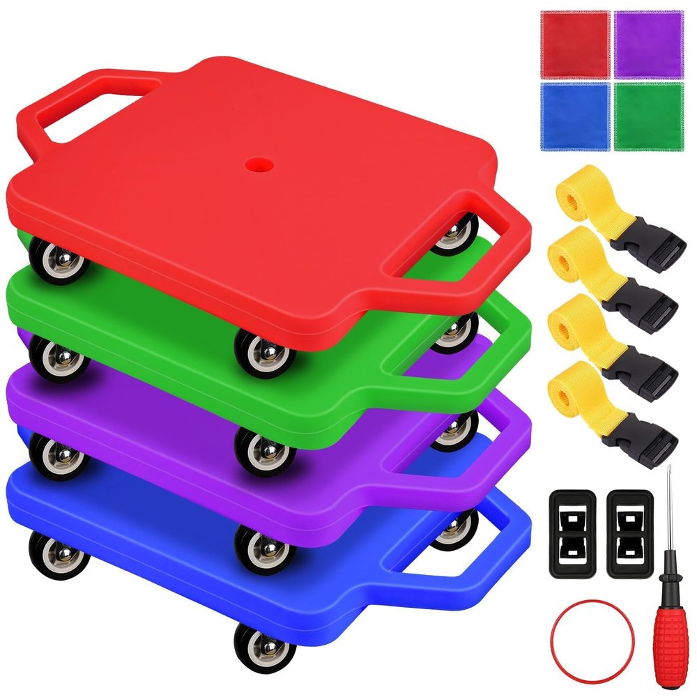 4 Pcs Sports Scooter Board with Handles,Sitting Scooter Board for Kids Children Gym Indoor Outdoor ActivitiesEquipped with Various Skateboard Accessories (Red,Green,Purple,Blue)