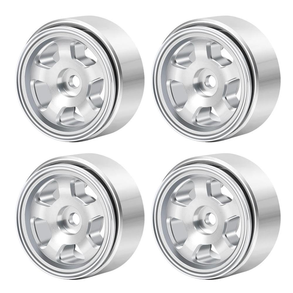 4Pcs 1.0 Inch Silver Metal Beadlock Wheel Rims Hubs Compatible with 1 24 Scale RC Car Models Like SCX24 90081 AXI00001 AXI00002 and Similar Off Road Vehicles(Type 7)