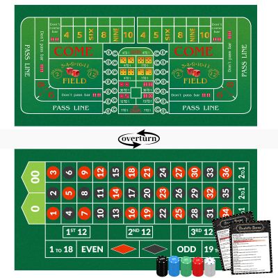 Double Sided Roulette & Craps Table Top Mat - 36"x72" Professional Casino Felt Layout for Poker Table Cover, Poker Night, Dice Games and Casino Theme Parties With 100 Chips and Instructions