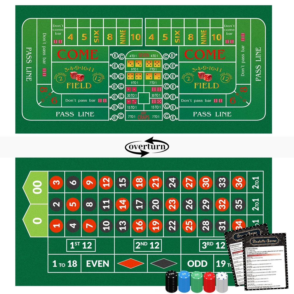 Double Sided Roulette & Craps Table Top Mat - 36"x72" Professional Casino Felt Layout for Poker Table Cover, Poker Night, Dice Games and Casino Theme Parties With 100 Chips and Instructions