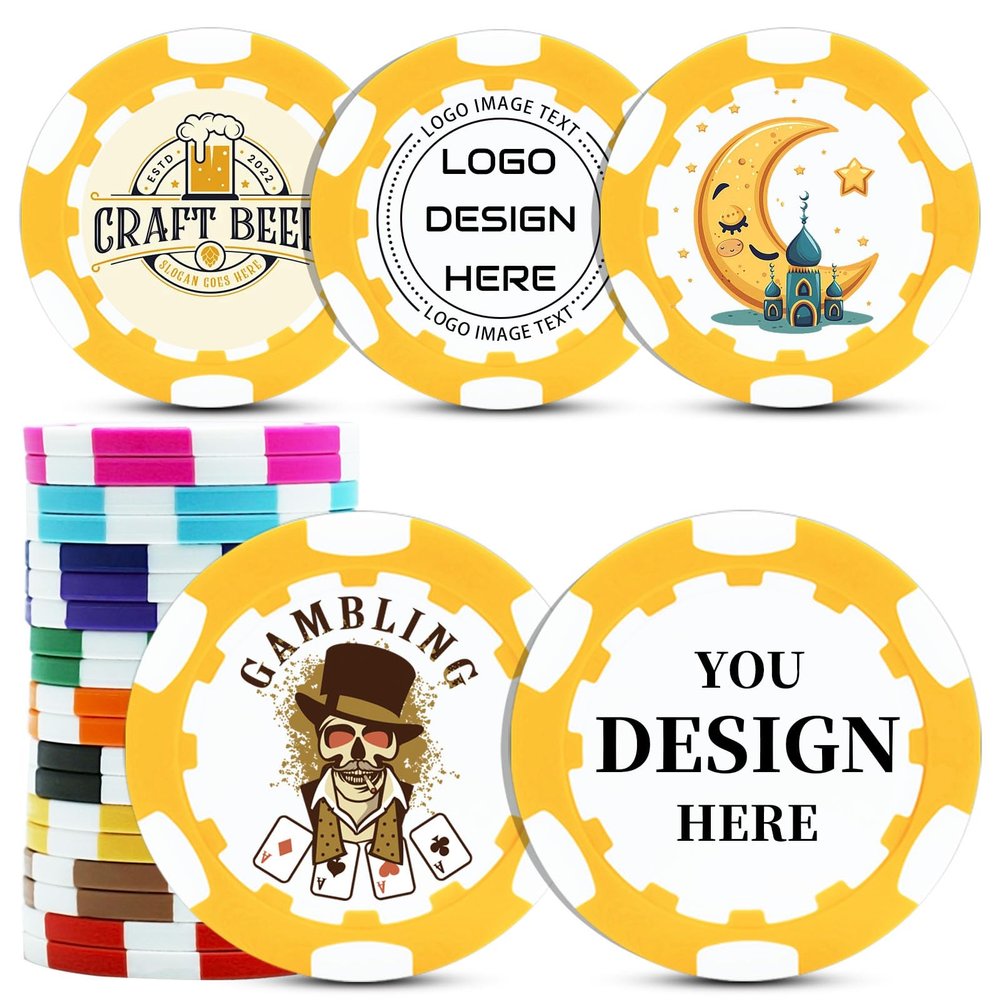 pensode Custom Ceramic Clay Poker Chips Double-Sided Full-Color Personalized Printing Put Image Logo Business Cards for Texas Hold 'em Golf Casino Drink Tokens Pack of 25-1000 (Green) (Yellow)