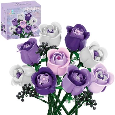 ENJBRICK Pink & Purple Roses Flower Bouquet Building Set, Everlasting Botanical Collection for Adults, Aesthetic Home Decor & Romantic Gift for Women, Anniversary 615Pcs