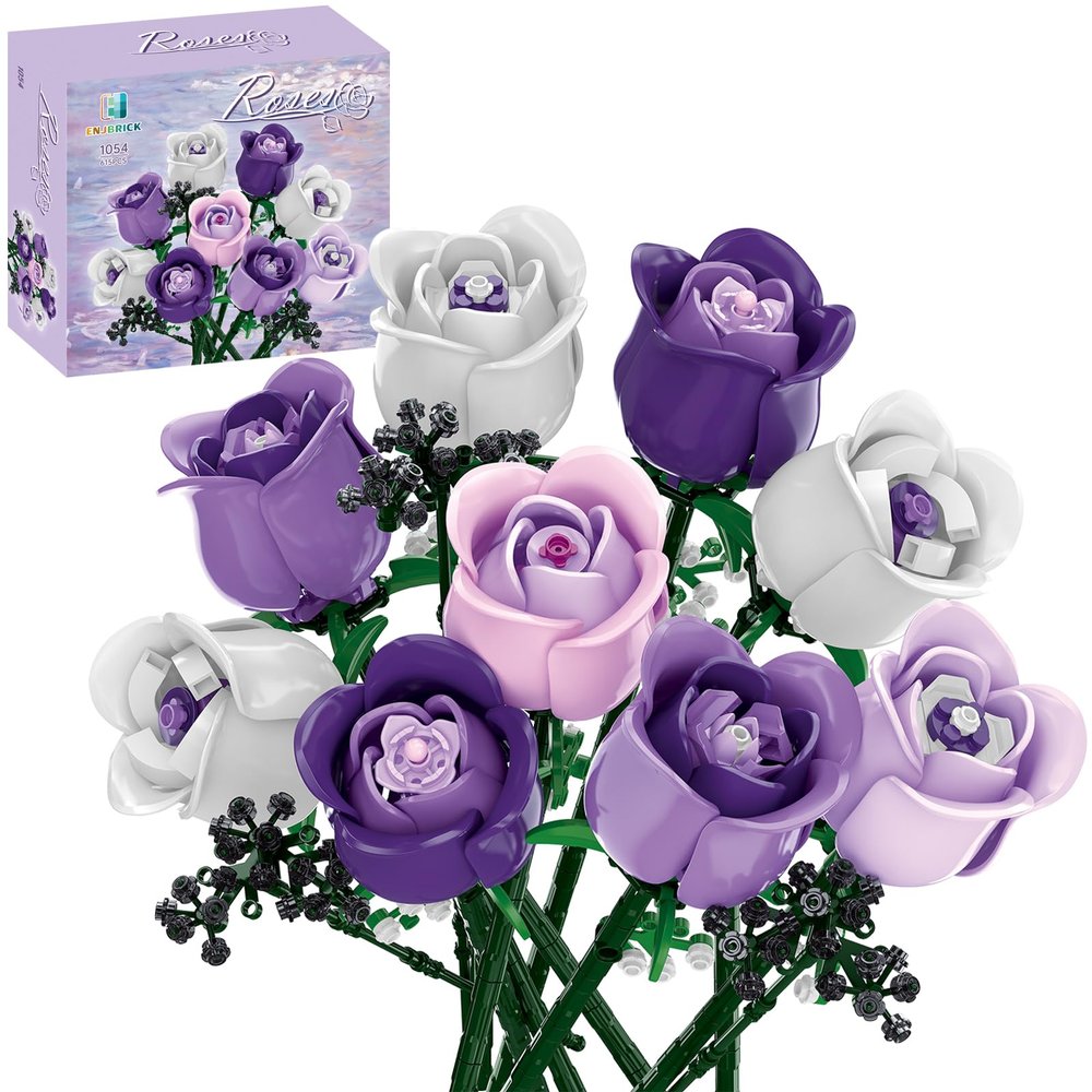 ENJBRICK Pink & Purple Roses Flower Bouquet Building Set, Everlasting Botanical Collection for Adults, Aesthetic Home Decor & Romantic Gift for Women, Anniversary 615Pcs