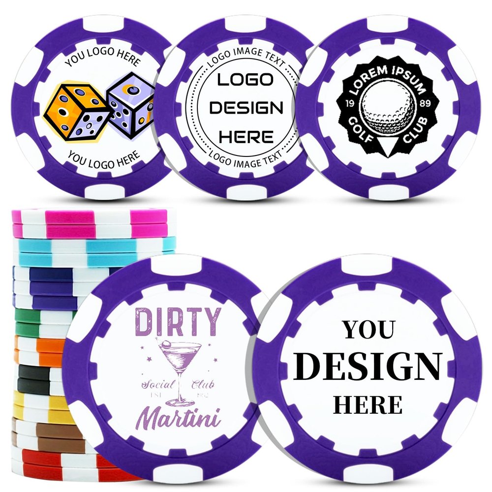 pensode Custom Ceramic Clay Poker Chips Double-Sided Full-Color Personalized Printing Put Image Logo Business Cards for Texas Hold 'em Golf Casino Drink Tokens Pack of 25-1000 (Green) (Purple)