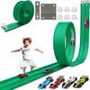 15.75 Ft Flex Track for Kids, Flexible Race Track Compatible with Hot Wheels and Diecast 1/64th Cars, Roll-Up Portable Race Car Ramp Track with Suction Cups & Track Anchors & 4 Race Cars, Green view 1