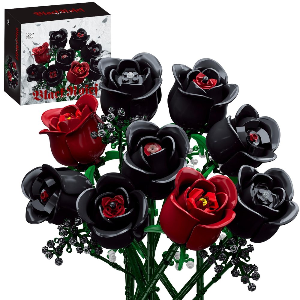 ENJBRICK Flowers Bouquet Building Set for Adults, Botanical Collection, Black Roses Gothic Home Decor & Unique Romantic Gifts for Women, Anniversary