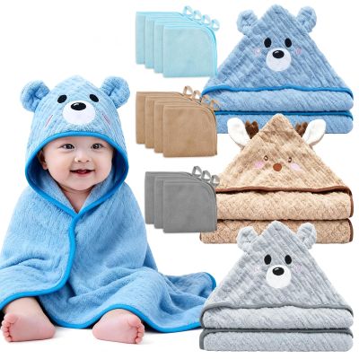 14 PCS Thicken Baby Towels Set, 3 PCS Soft Hooded Baby Towels & 11 PCS Washcloths, Baby Bath Towels for Newborns, Infants & Toddlers, Ultra Absorbent, Cute Baby Towel Gift for Boys