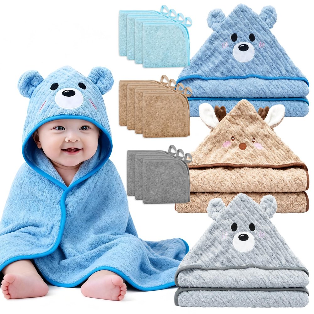 14 PCS Thicken Baby Towels Set, 3 PCS Soft Hooded Baby Towels & 11 PCS Washcloths, Baby Bath Towels for Newborns, Infants & Toddlers, Ultra Absorbent, Cute Baby Towel Gift for Boys