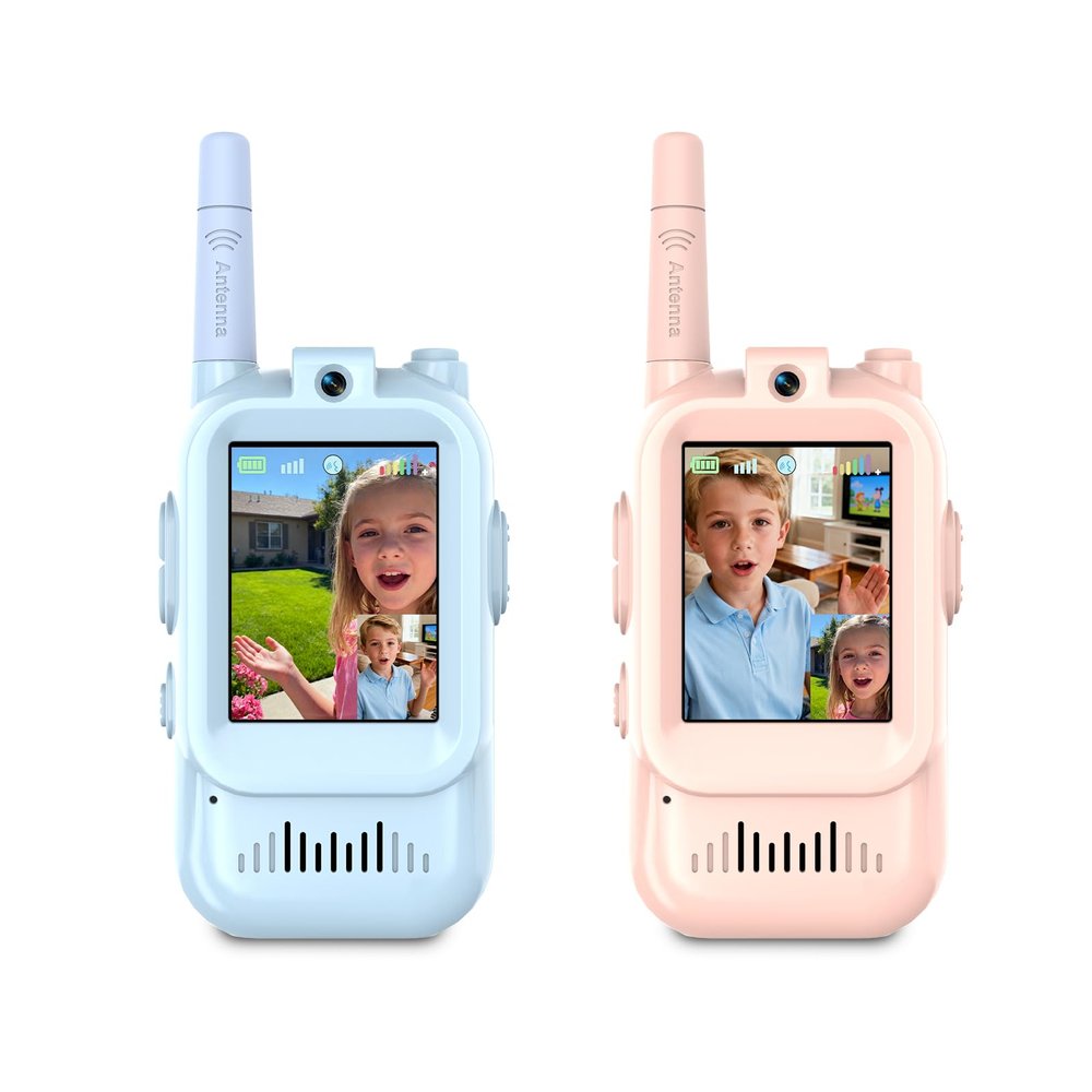Video Walkie Talkies for Kids, 2 Pack Rechargeable Kids Walkie Talkies, Screen Display and Voice Changer, Indoor Outdoor for Boys and Girls, Age 3-12 (Blue & Pink)