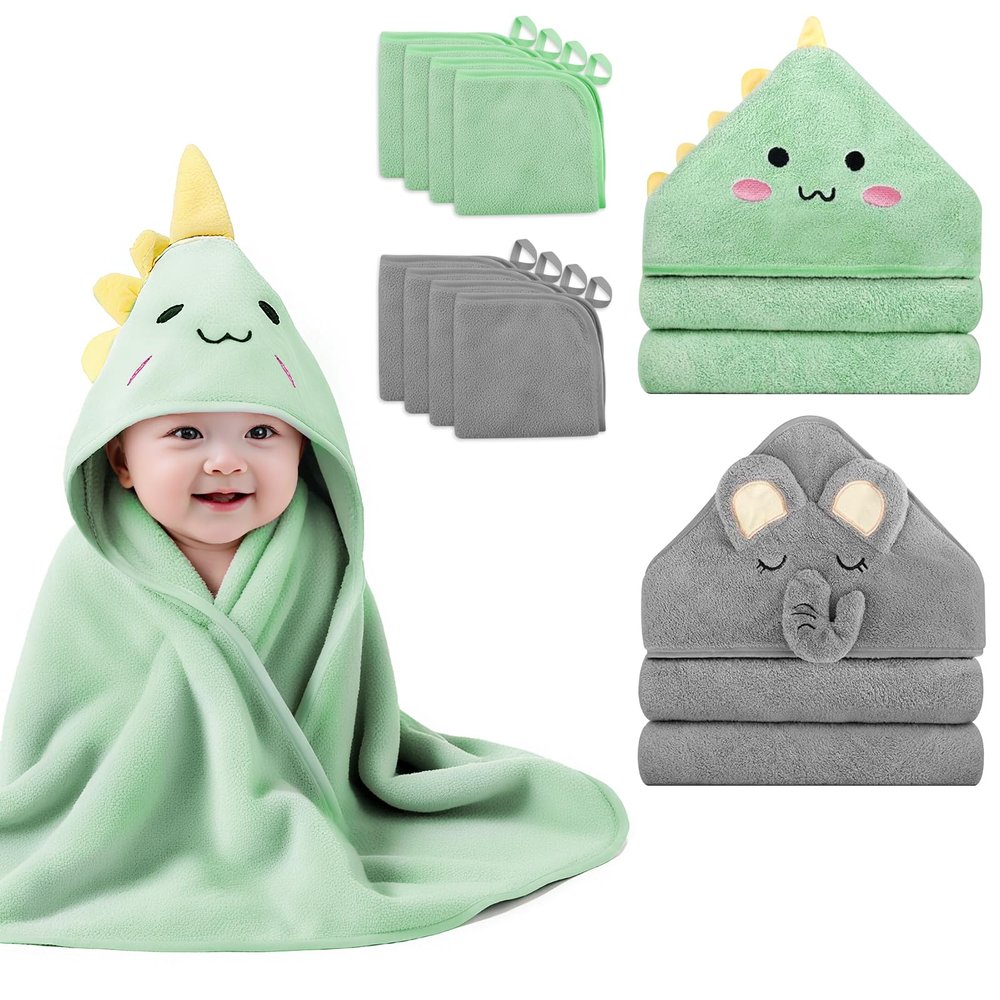 10 PCS Cute Baby Towels Set, 2 PCS Soft Baby Hooded Towels & 8 PCS Washcloths, Baby Bath Towels for Newborns, Infants & Toddlers, Ultra Absorbent, Cute Baby Towel Gift for Boys & Girls
