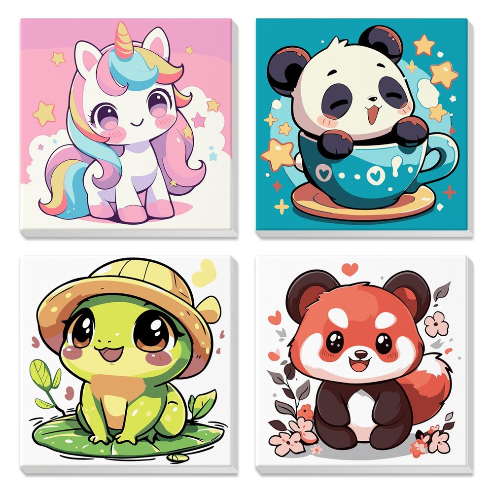 4 Pack Paint by Numbers for Kids with Wooden Framed, Cute Cartoon Unicorn, Panda, Frog, Paint by Number Kits on Canvas for Beginner, Acrylic Oil Painting Kits for Home Decor 8x8 inch, Kawaii Animals