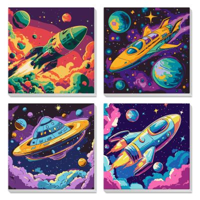 4 Pack Paint by Numbers for Kids with Wooden Framed, Space Rocket, Spaceship, Paint by Number Kits on Canvas for Beginner, Acrylic Oil Painting Kits for Home Decor 8x8 inch, Colorful Planets and Stars